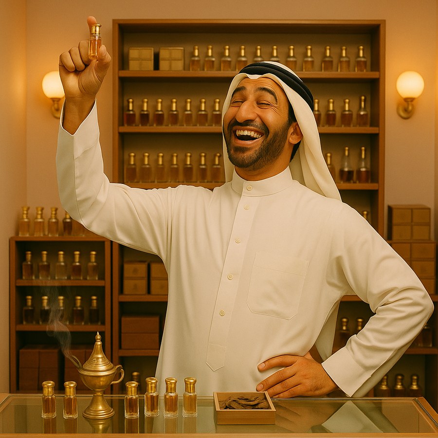An oud seller in his Dubai shop holds a vial up like a trophy
