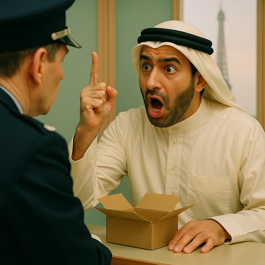 The seller protests, finger raised