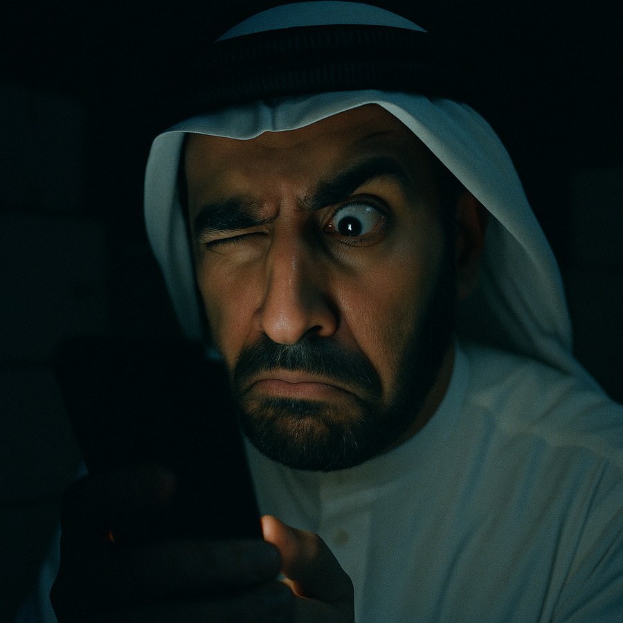 The seller squints at his phone in the dark