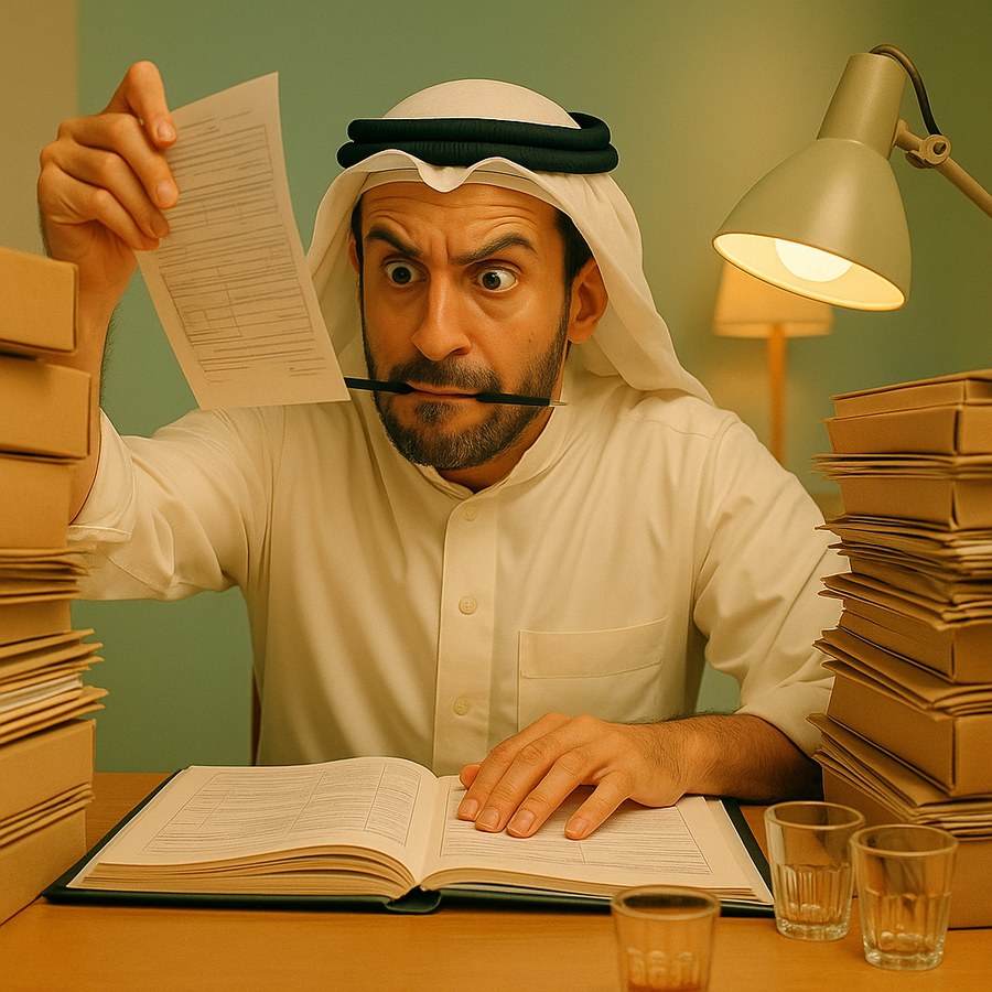 The seller at a desk buried in paper, a pen in his teeth