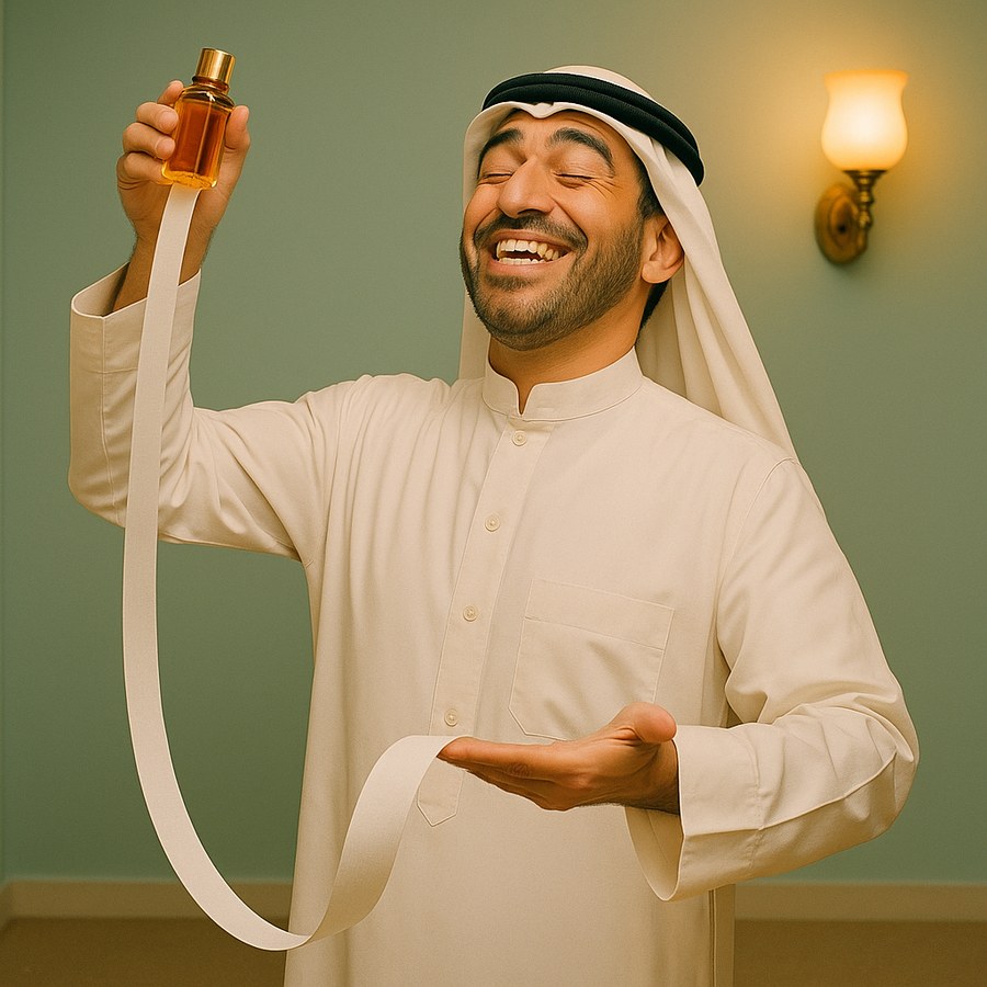 The seller proudly holds a bottle whose label unrolls to the floor