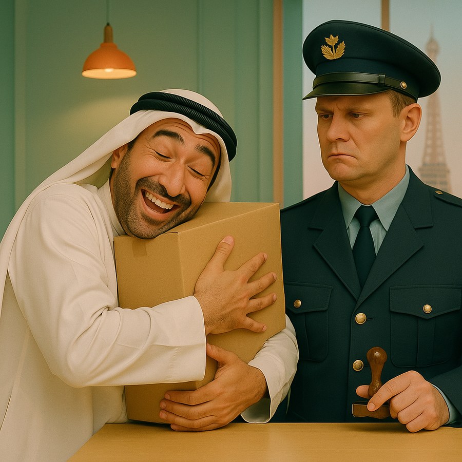 The seller hugs his stamped carton while the customs officer looks on