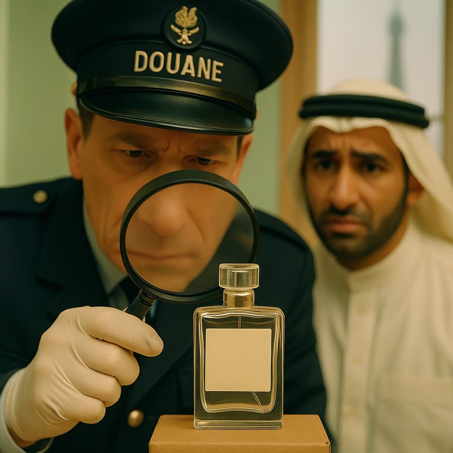 A customs officer studies the perfume label through a magnifying glass